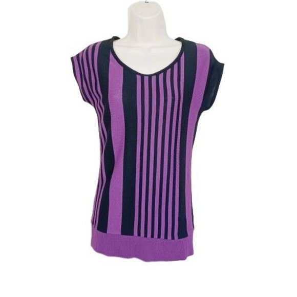 AB Studio Top Womens Large Black-Purple Sleeveless Knit Blouse Striped Crew Neck - Picture 1 of 11